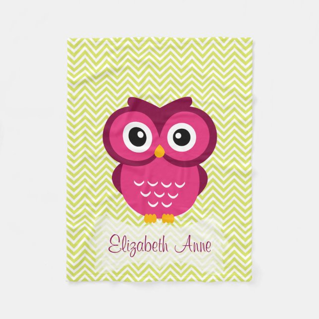 Personalized Lime Chevron Pink Owl Fleece Blanket (Front)