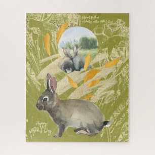  Personalized Lime Collage Watercolor Rabbit Jigsaw Puzzle