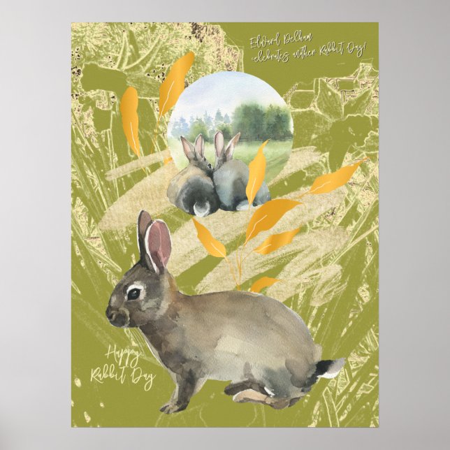  Personalized Lime Collage Watercolor Rabbit Poster (Front)