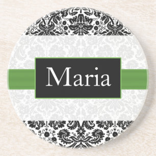 personalized lime damask coaster