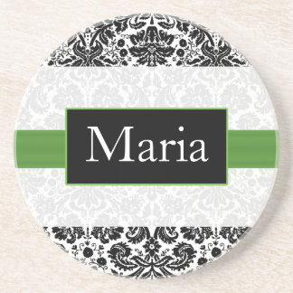 personalized lime damask coaster