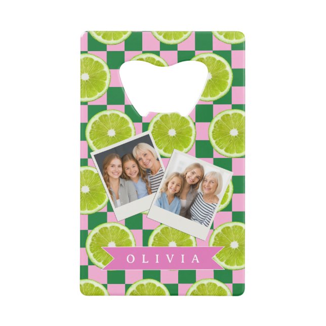 Personalized Lime Gingham Citrus Custom Name Credit Card Bottle Opener (Front)