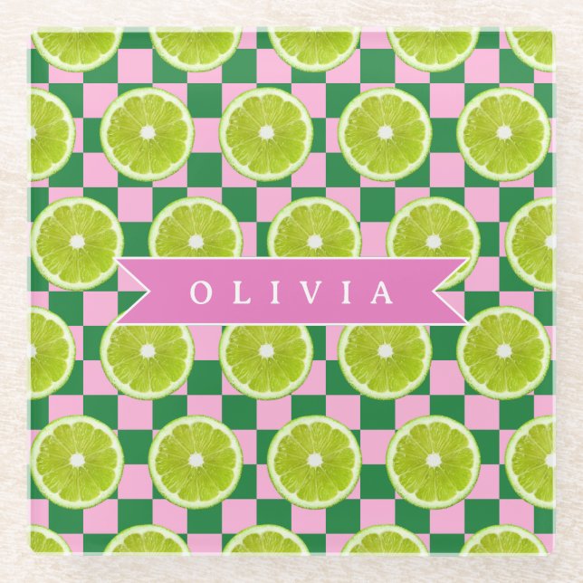 Personalized Lime Gingham Citrus Custom Name Glass Coaster (Front)