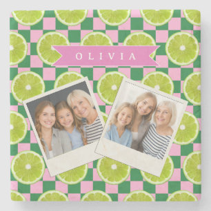 Personalized Lime Gingham Citrus Custom Name Stone Coaster