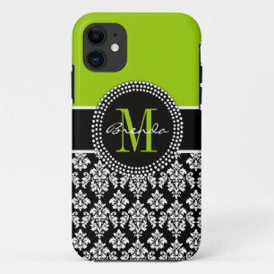 Personalized Lime Green Black Damask Case