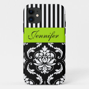 PERSONALIZED LIME GREEN, BLACK DAMASK STRIPED iPhone 11 CASE