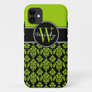 Personalized Lime Green Black Vintage Damask iPhone 11 Case