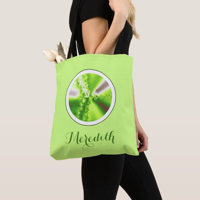 Personalized Lime Green Fractal With Name Tote Bag (Close Up)