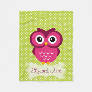 Personalized Lime Polka Dot Pink Owl Fleece Blanket