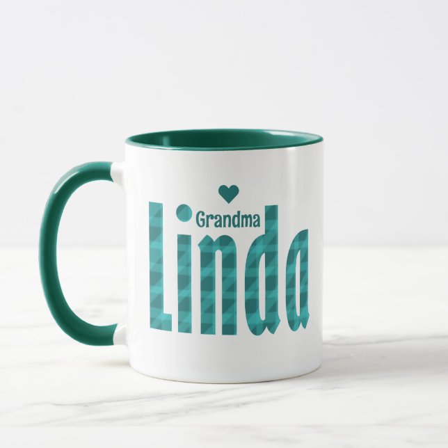 Personalized "Linda" Name Teal Sea Green Plaid Art Mug (Left)
