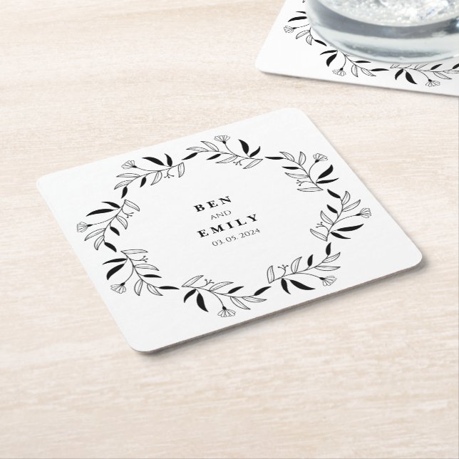 Personalized line drawing flower minimalist square paper coaster (Angled)