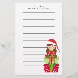 Personalized Lined Christmas Elf and Presents Stationery