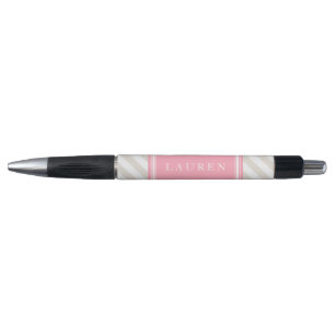Personalized Linen Beige and Pink Stripes Pattern Pen