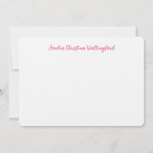 Personalized Linen Flat Note Card White and Pink
