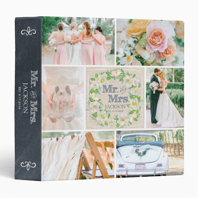 PERSONALIZED LINEN FLORAL 2 WEDDING PHOTO COLLAGE BINDER (Front/Spine)