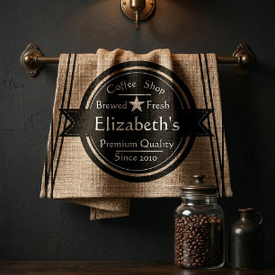 Personalized linen look coffee shop logo kitchen towel