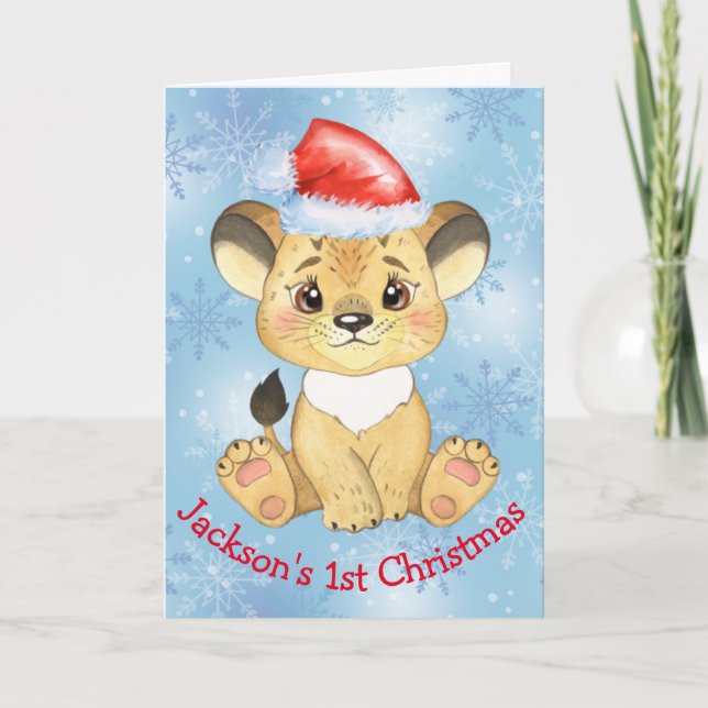 Personalized Lion 1st Christmas Baby Boy Blue Card (Front)