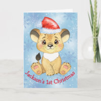 Personalized Lion 1st Christmas Baby Boy Blue Card