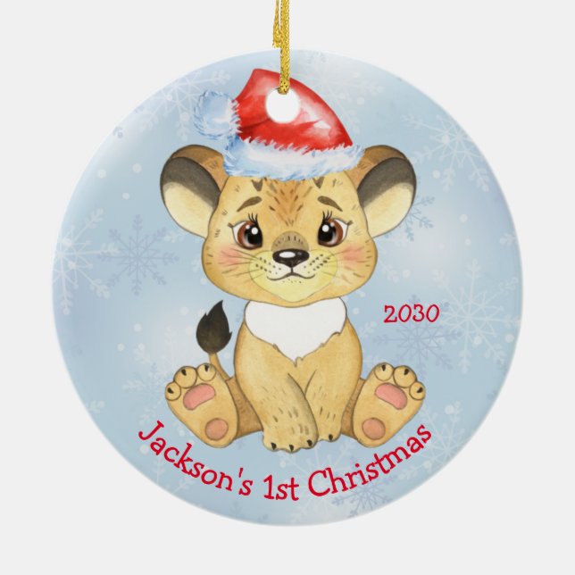 Personalized Lion 1st Christmas Baby Boy Blue Ceramic Ornament (Back)