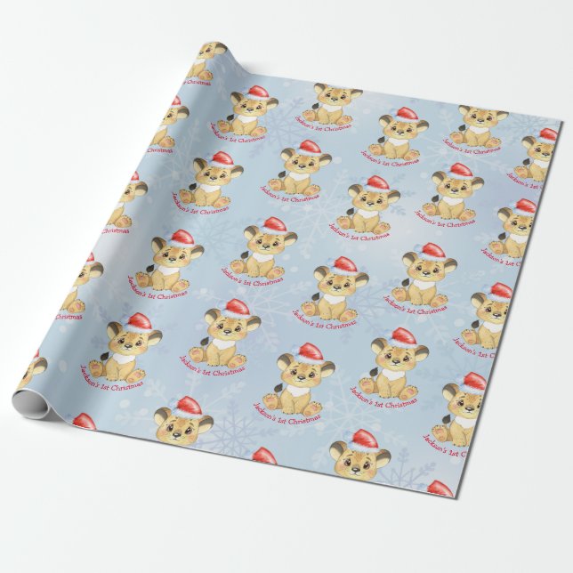 Personalized Lion 1st Christmas Baby Boy Blue  Wrapping Paper (Unrolled)