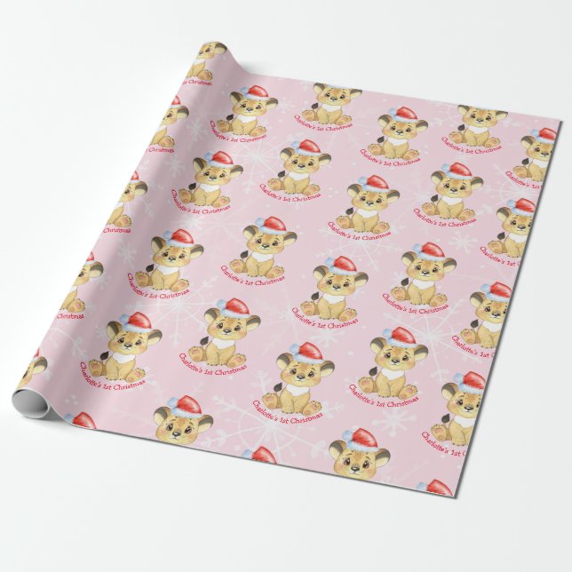 Personalized Lion 1st Christmas Baby Girl Pink Wrapping Paper (Unrolled)