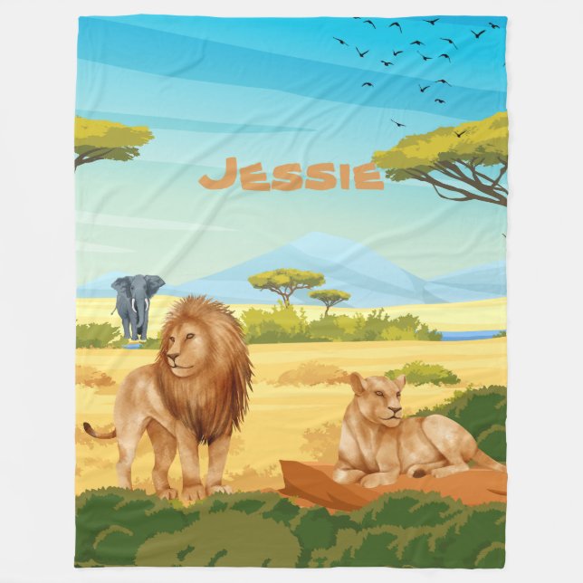 Personalized Lions on the Savannah  Fleece Blanket (Front)