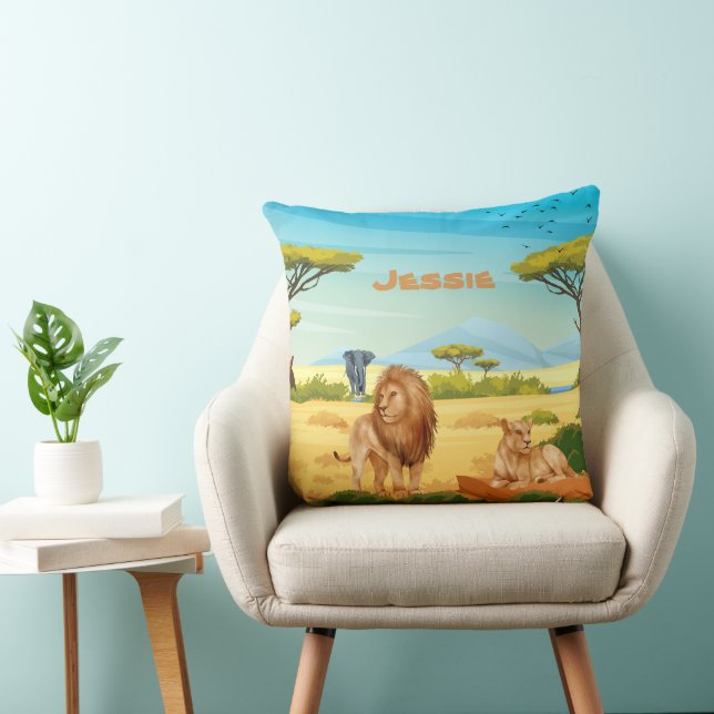 Personalized Lions on the Savannah  Throw Pillow (Chair)