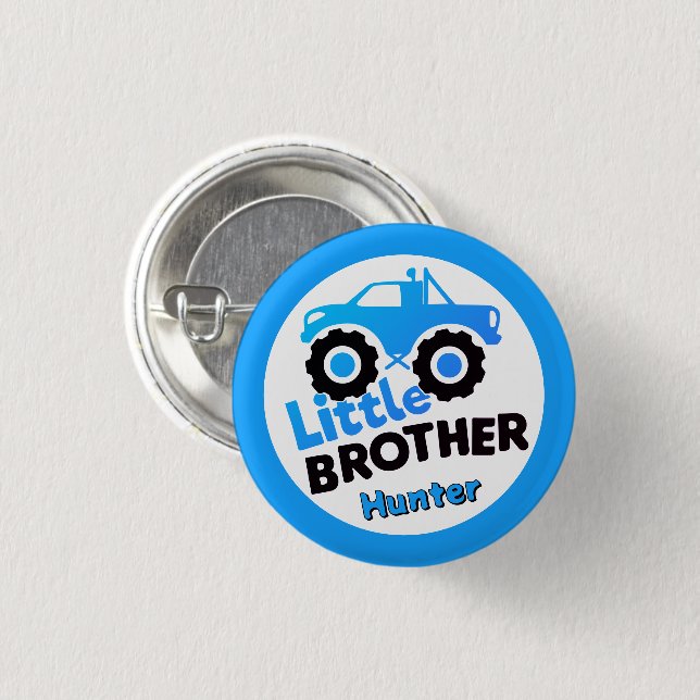 Personalized Little Brother Monster Truck Blue 1 Inch Round Button (Front & Back)