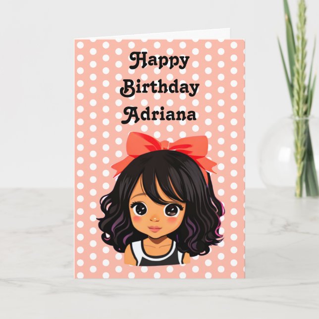 Personalized Little Cartoon Girl Coral Birthday Card (Front)