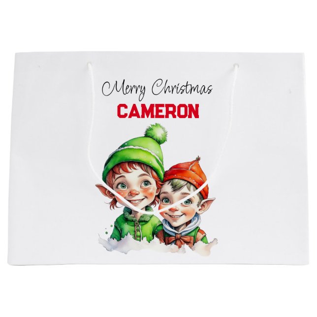 Personalized Little Elves Christmas Large Gift Bag (Front)