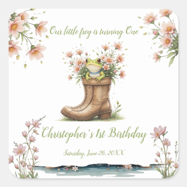 Personalized little frog Froggie 1st birthday Square Sticker (Front)