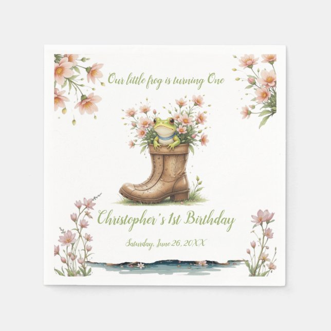 Personalized little Froggie 1st birthday party Napkin (Front)