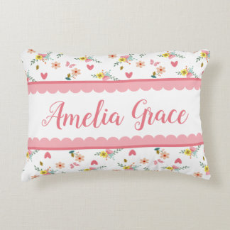 Personalized Little Girls Floral Butterfly Heart Accent Pillow