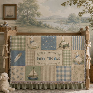 Personalized Little Goose Baby Boy Blue Gingham Throw Blanket