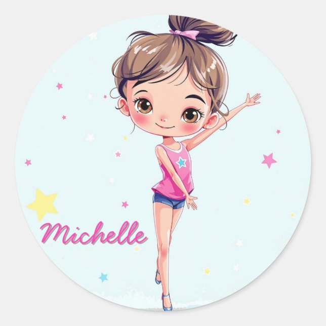 Personalized Little Gymnast Girl Christmas Pink Classic Round Sticker (Front)