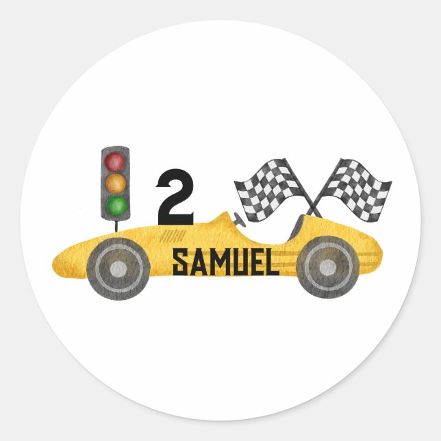 Personalized Little Racer Birthday Classic Round Sticker (Front)