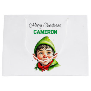 Personalized Little Vintage Boy Elf Christmas Large Gift Bag