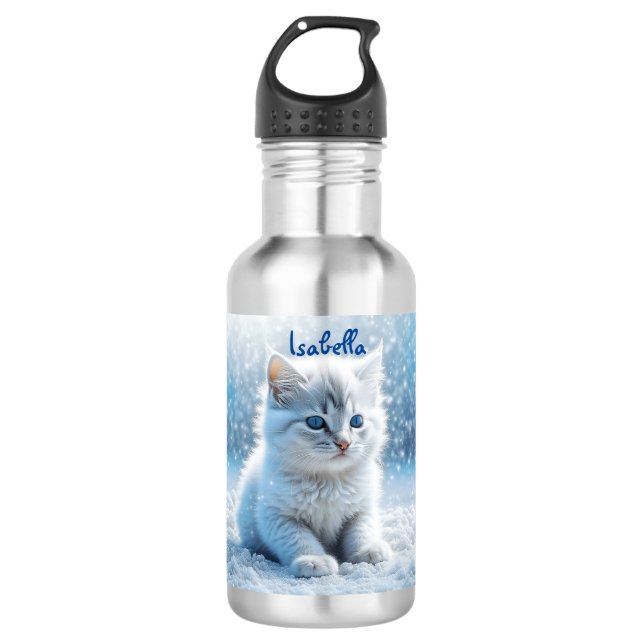 Personalized Little White Kitten in Snow 532 Ml Water Bottle (Front)