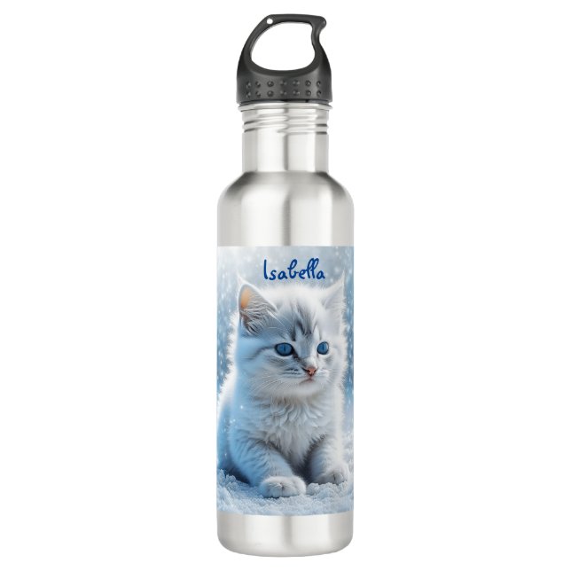 Personalized Little White Kitten in Snow 710 Ml Water Bottle (Front)