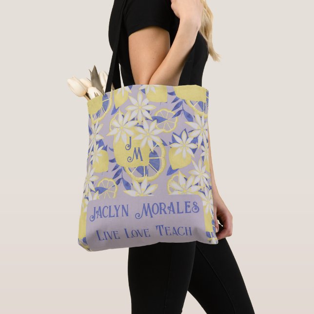 Personalized Live Love Teach Watercolor Lemon Tote Bag (Close Up)