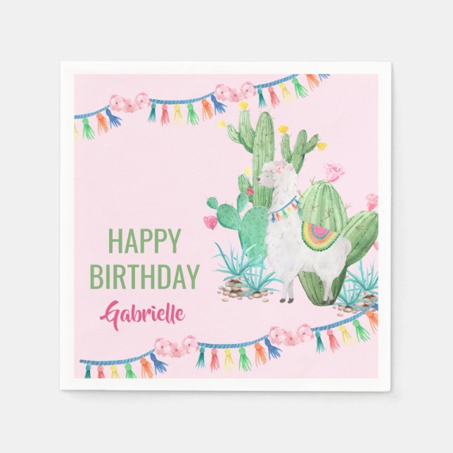 Personalized Llama and Cactus Girls Birthday Party Napkin (Front)