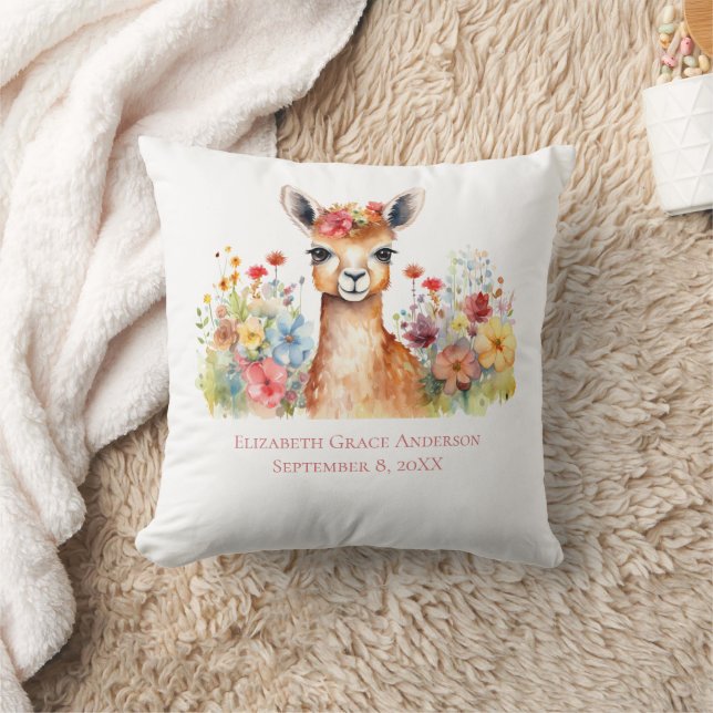Personalized Llama Wildflowers Watercolor Baby Throw Pillow (Blanket)