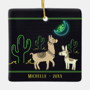 Personalized Llamas, Neon Moon and Cacti Christmas Ceramic Ornament