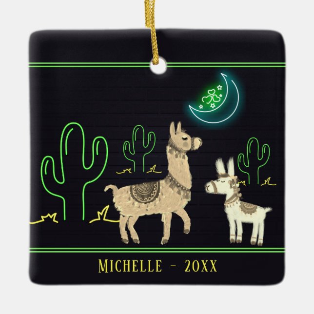 Personalized Llamas, Neon Moon and Cacti Christmas Ceramic Ornament (Front)
