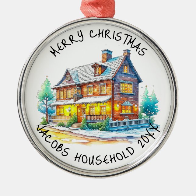 Personalized Log Cabin Christmas Metal Ornament (Front)