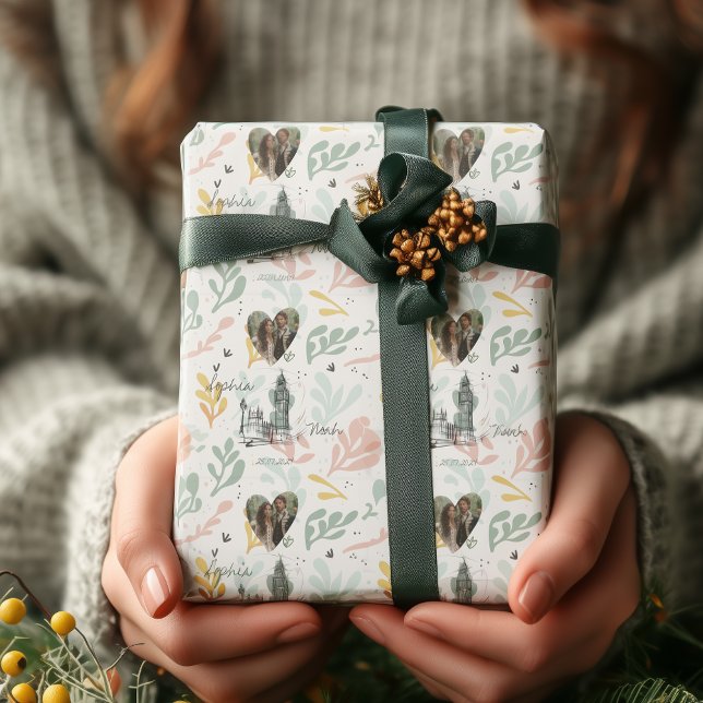 Personalized London Romance with Photos and Names Wrapping Paper (Creator Uploaded)