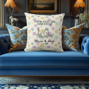 Personalized London Skyline with Pastel Polka Dot  Throw Pillow