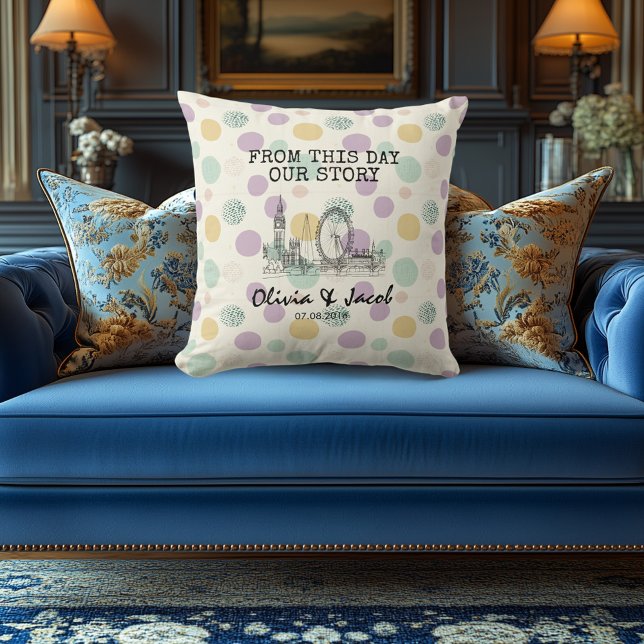 Personalized London Skyline with Pastel Polka Dot  Throw Pillow (Creator Uploaded)