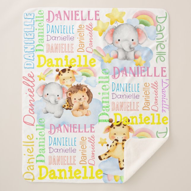 Personalized long girls name with baby animals sherpa blanket (Front)