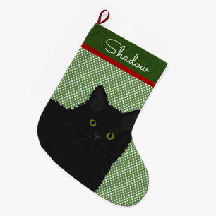 Personalized Long Hair Black Cat Large Christmas Stocking